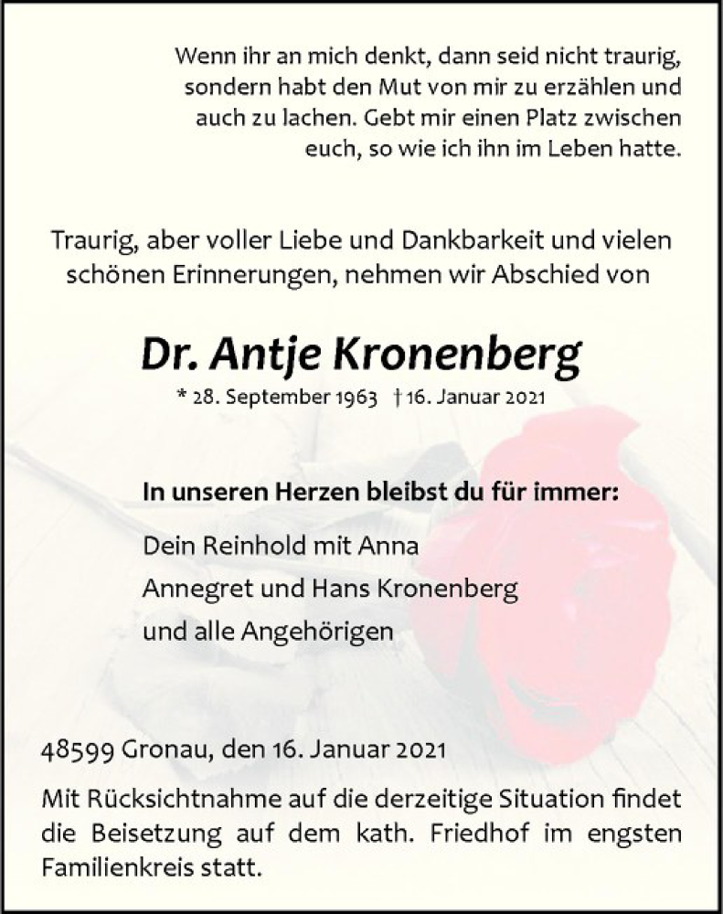  Traueranzeige für Antje Kronenberg vom 23.01.2021 aus Westfälische Nachrichten
