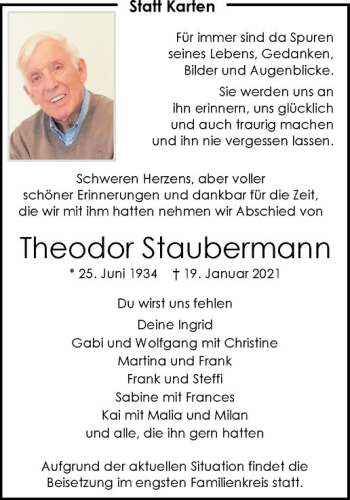 Anzeige von Theodor Staubermann von Westfälische Nachrichten