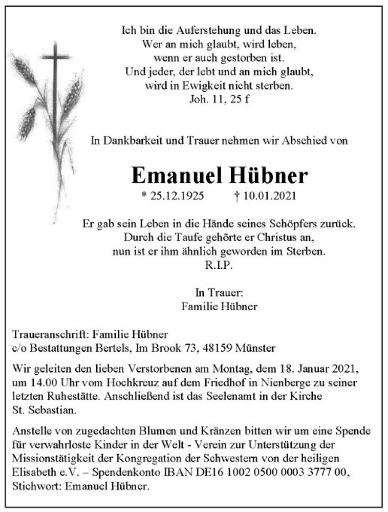  Traueranzeige für Emanuel Hübner vom 13.01.2021 aus Westfälische Nachrichten