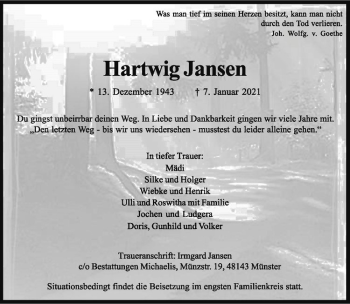 Anzeige von Hartwig Jansen von Westfälische Nachrichten