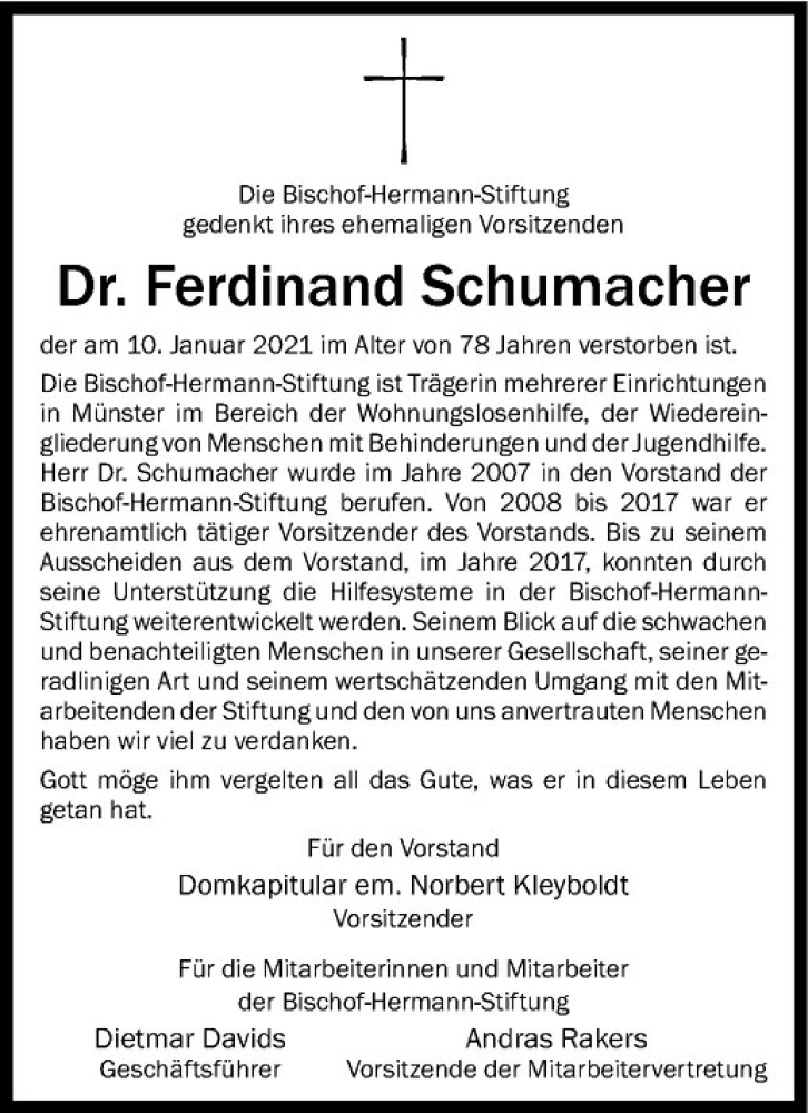  Traueranzeige für Ferdinand Schumacher vom 16.01.2021 aus Westfälische Nachrichten