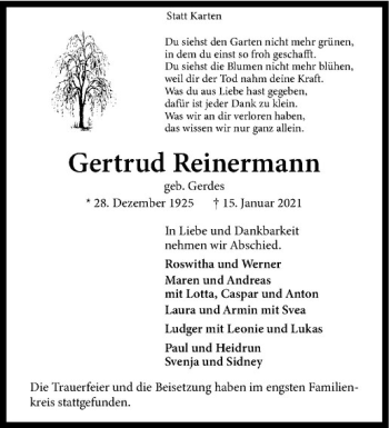 Anzeige von Gertrud Reinermann von Westfälische Nachrichten