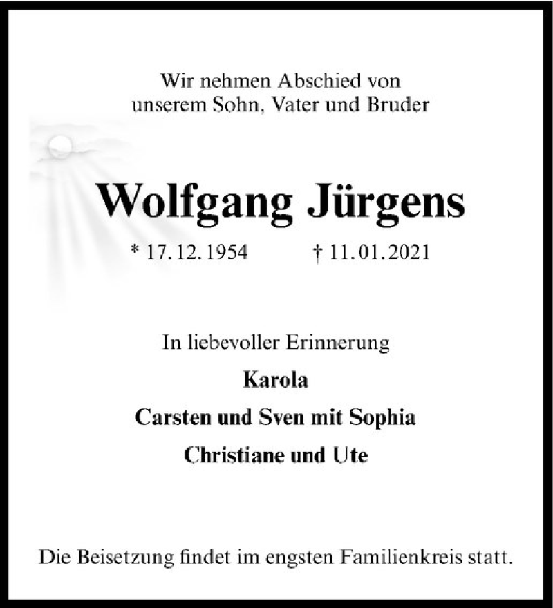  Traueranzeige für Wolfgang Jürgens vom 16.01.2021 aus Westfälische Nachrichten