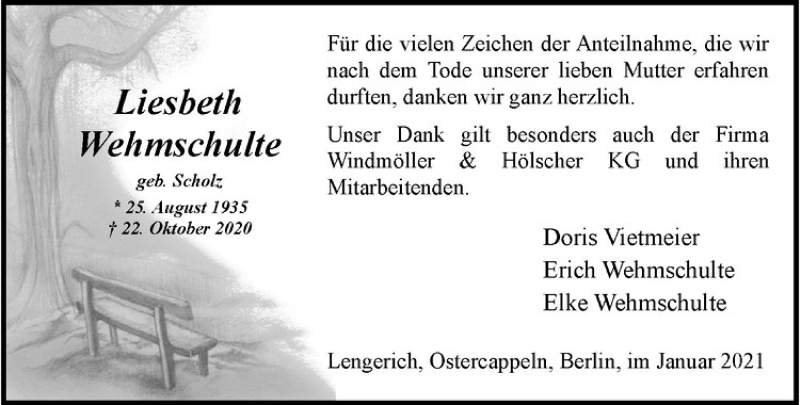  Traueranzeige für Liesbeth Wehmschulte vom 30.01.2021 aus Westfälische Nachrichten
