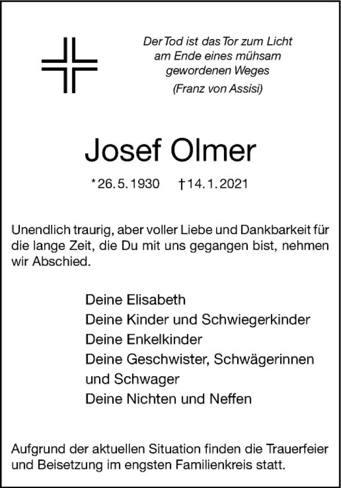  Traueranzeige für Josef Olmer vom 23.01.2021 aus Westfälische Nachrichten