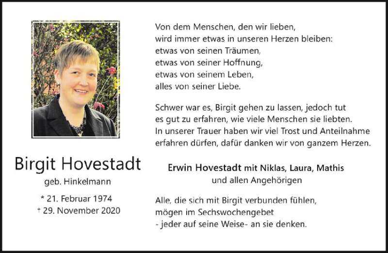  Traueranzeige für Birgit Hovestadt vom 14.01.2021 aus Westfälische Nachrichten