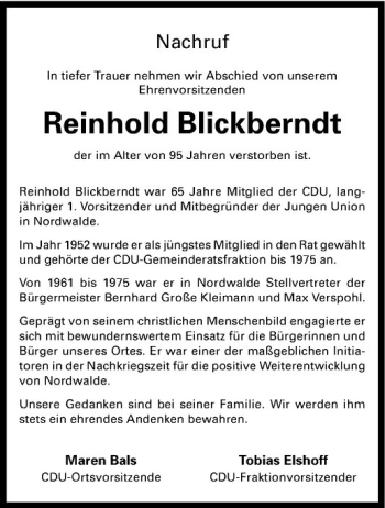 Anzeige von Reinhold Blickberndt von Westfälische Nachrichten