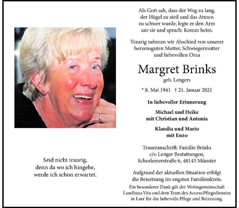  Traueranzeige für Margret Brinks vom 27.01.2021 aus Westfälische Nachrichten
