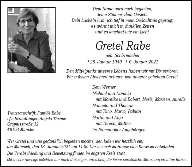  Traueranzeige für Gretel Rabe vom 09.01.2021 aus Westfälische Nachrichten