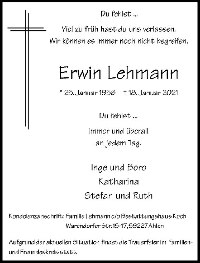 Traueranzeige für Erwin Lehmann vom 23.01.2021 aus Westfälische Nachrichten