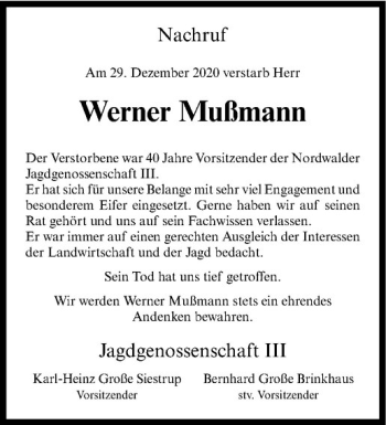 Anzeige von Werner Mußmann von Westfälische Nachrichten