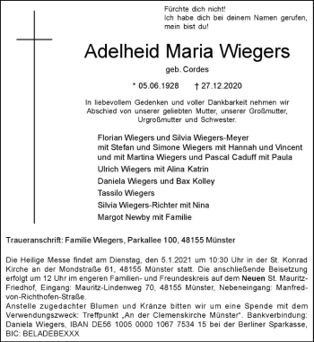 Anzeige von Adelheid Maria Wiegers von Westfälische Nachrichten