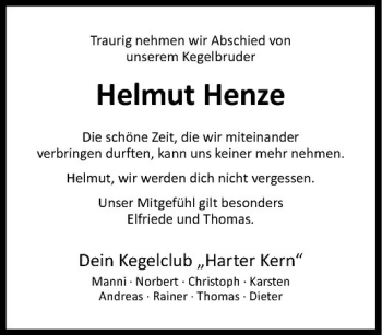 Anzeige von Helmut Henze von Westfälische Nachrichten