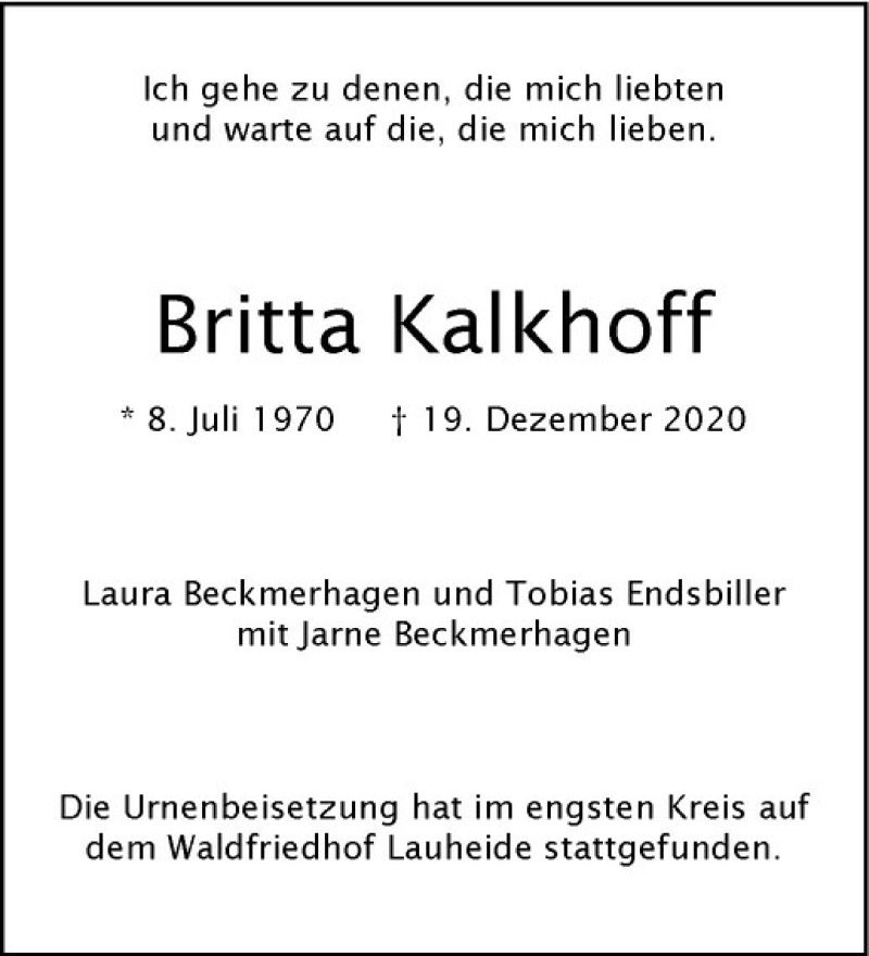  Traueranzeige für Britta Kalkhoff vom 16.01.2021 aus Westfälische Nachrichten