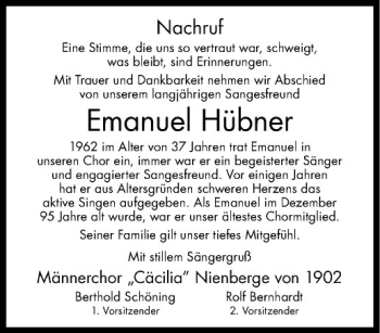 Anzeige von Emanuel Hübner von Westfälische Nachrichten