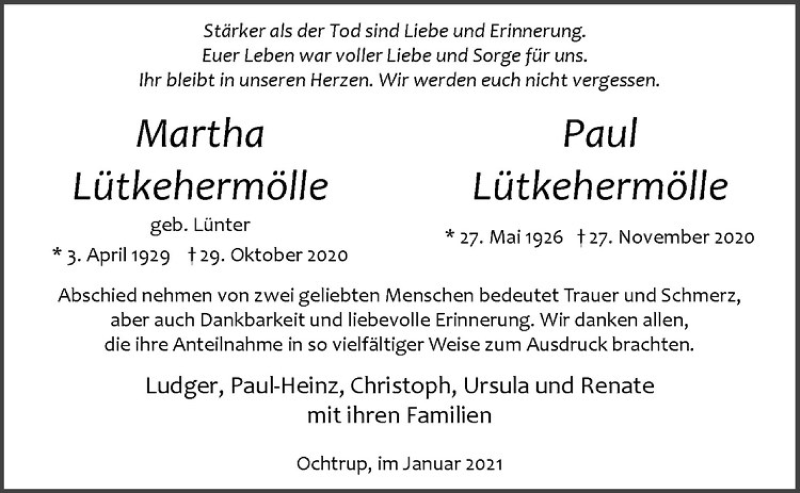  Traueranzeige für Paul Lütkehermölle vom 27.01.2021 aus Westfälische Nachrichten