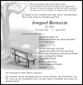 Anzeige von Irmgard Bornstein von Westfälische Nachrichten