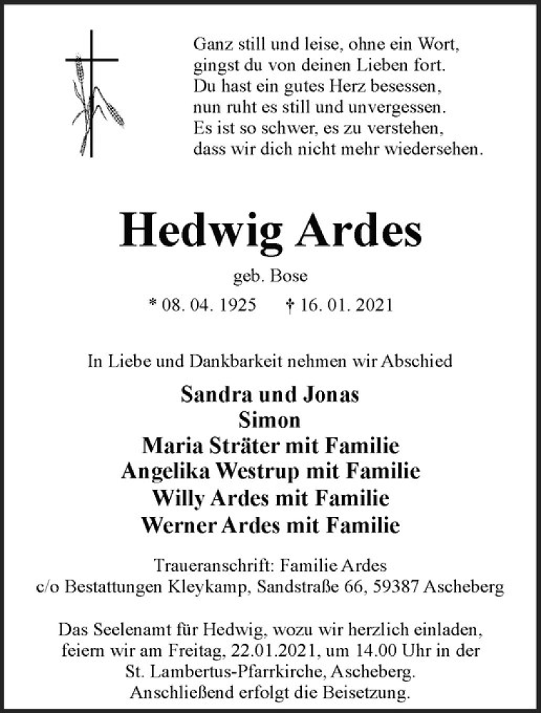 Traueranzeige für Hedwig Ardes vom 20.01.2021 aus Westfälische Nachrichten