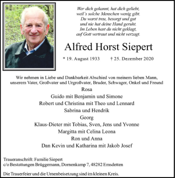 Anzeige von Alfred Horst Siepert von Westfälische Nachrichten