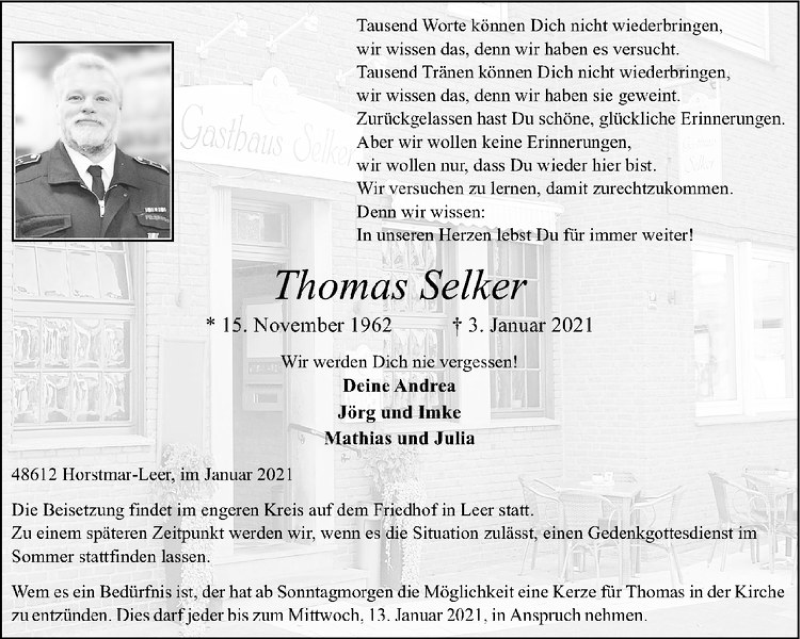  Traueranzeige für Thomas Selker vom 09.01.2021 aus Westfälische Nachrichten