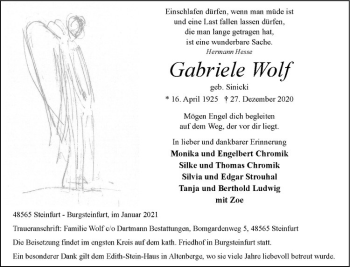 Anzeige von Gabriele Wolf von Westfälische Nachrichten