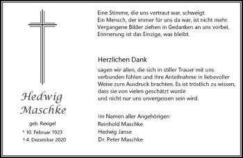 Anzeige von Hedwig Maschke von Westfälische Nachrichten