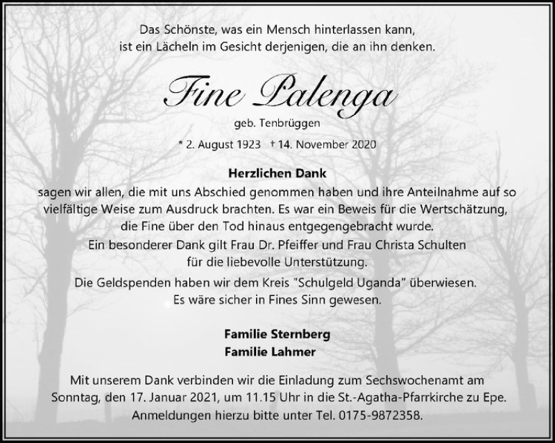  Traueranzeige für Fine Palenga vom 09.01.2021 aus Westfälische Nachrichten