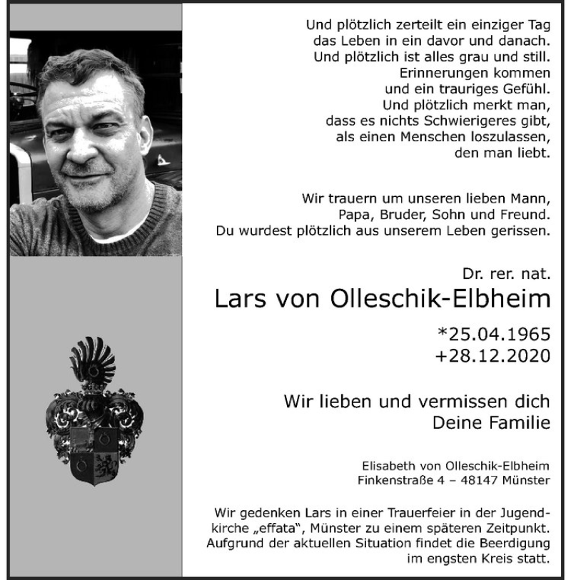  Traueranzeige für Lars von Olleschik-Elbheim vom 09.01.2021 aus Westfälische Nachrichten