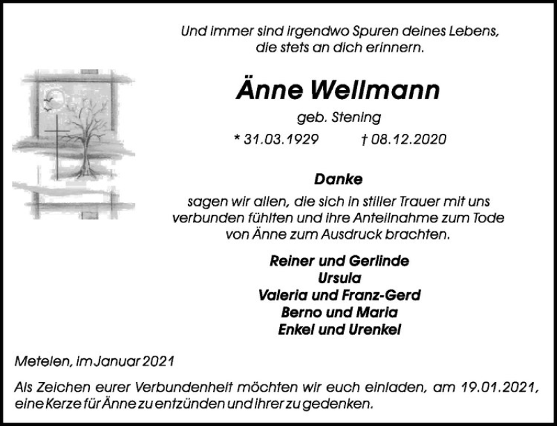  Traueranzeige für Änne Wellmann vom 12.01.2021 aus Westfälische Nachrichten