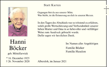 Anzeige von Hanni Böcker von Westfälische Nachrichten