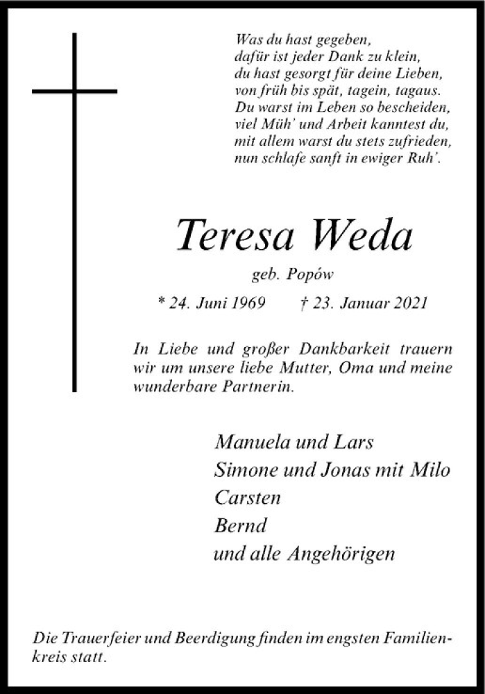  Traueranzeige für Teresa Weda vom 27.01.2021 aus Westfälische Nachrichten
