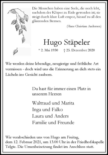 Anzeige von Hugo Stäpeler von Westfälische Nachrichten