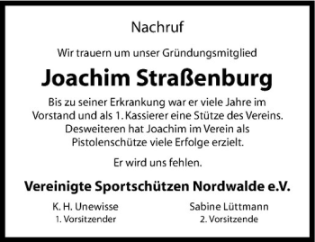 Anzeige von Joachim Straßenburg von Westfälische Nachrichten
