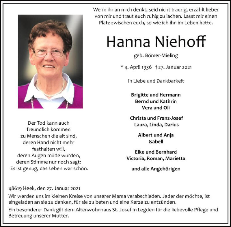  Traueranzeige für Hanna Niehoff vom 30.01.2021 aus Westfälische Nachrichten