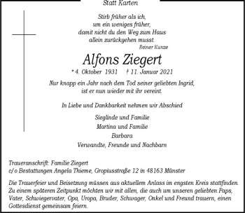 Anzeige von Alfons Ziegert von Westfälische Nachrichten