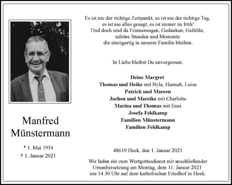  Traueranzeige für Manfred Münstermann vom 06.01.2021 aus Westfälische Nachrichten