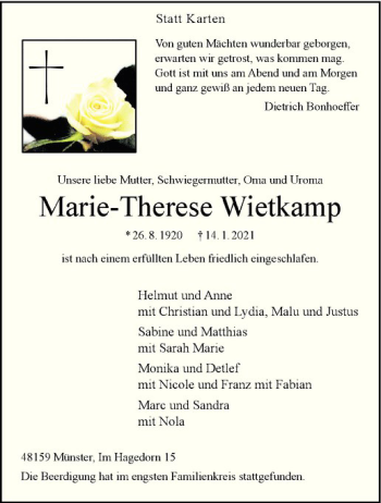 Anzeige von Marie-Therese Wietkamp von Westfälische Nachrichten
