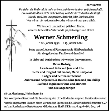 Anzeige von Werner Schmerling von Westfälische Nachrichten