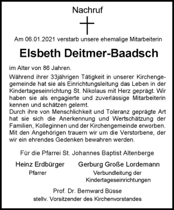 Anzeige von Elsbeth Deitmer-Baadsch von Westfälische Nachrichten