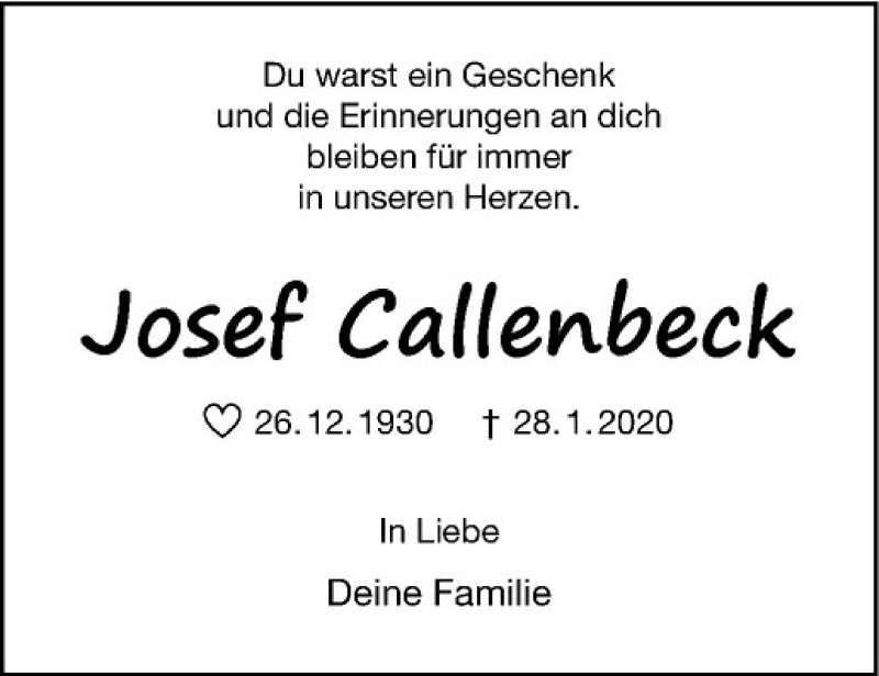  Traueranzeige für Josef Callenbeck vom 28.01.2021 aus Westfälische Nachrichten