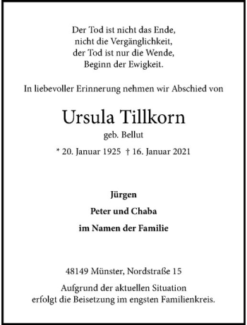 Anzeige von Ursula Tillkorn von Westfälische Nachrichten