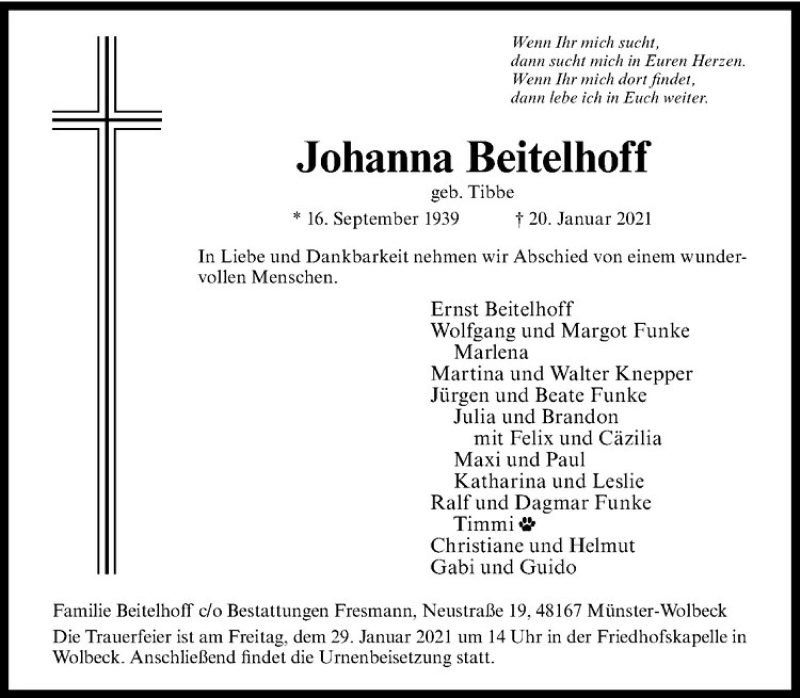  Traueranzeige für Johanna Beitelhoff vom 27.01.2021 aus Westfälische Nachrichten