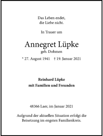 Anzeige von Annegret Lüpke von Westfälische Nachrichten