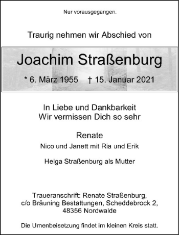 Anzeige von Joachim Straßenburg von Westfälische Nachrichten