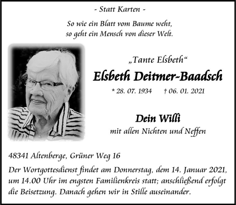  Traueranzeige für Elsbeth Deitmer-Baadsch vom 09.01.2021 aus Westfälische Nachrichten