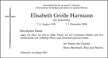 Anzeige von Elisabeth Große Harmann von Westfälische Nachrichten