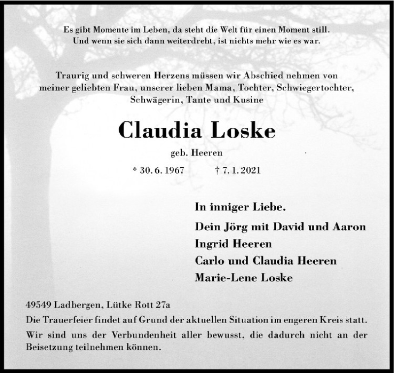  Traueranzeige für Claudia Loske vom 12.01.2021 aus Westfälische Nachrichten