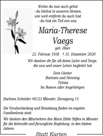 Anzeige von Maria-Therese Vaegs von Westfälische Nachrichten