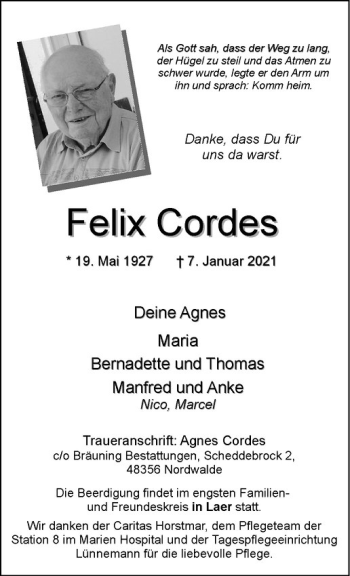 Anzeige von Felix Cordes von Westfälische Nachrichten