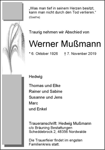 Anzeige von Werner Mußmann von Westfälische Nachrichten